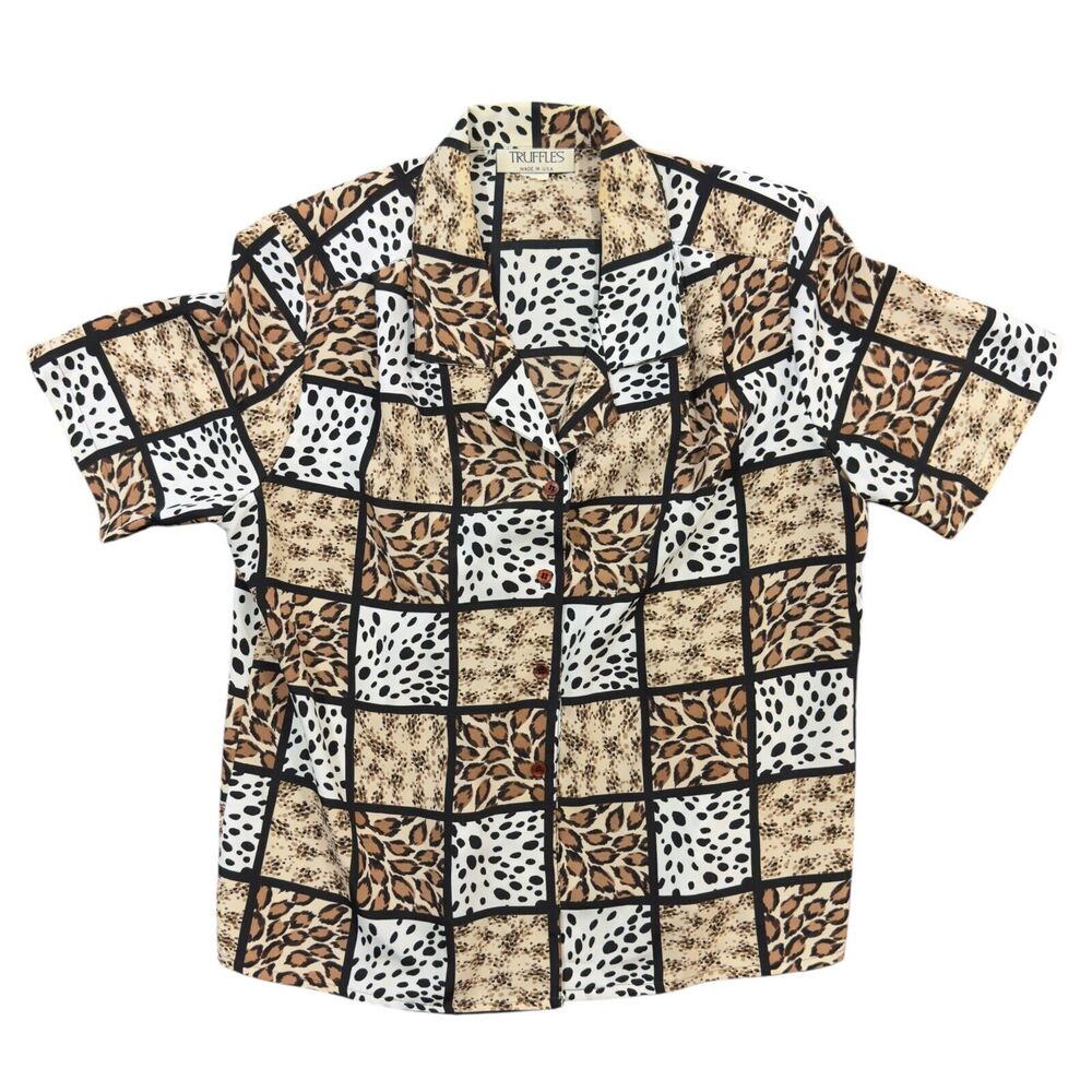 Truffles Shirt Womens Beige Animal Print Short Sleeve Camp Collar Button Down